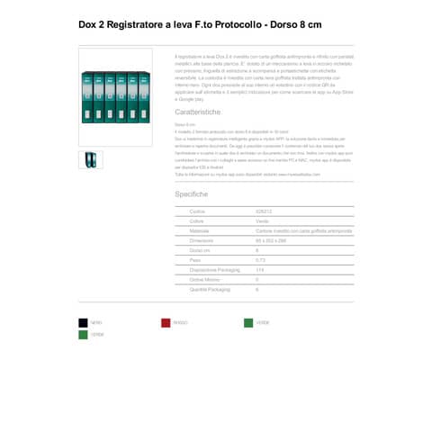 Registratore a leva DOX2 Protocollo 28,5x35 cm - dorso 8 cm verde mare D26212